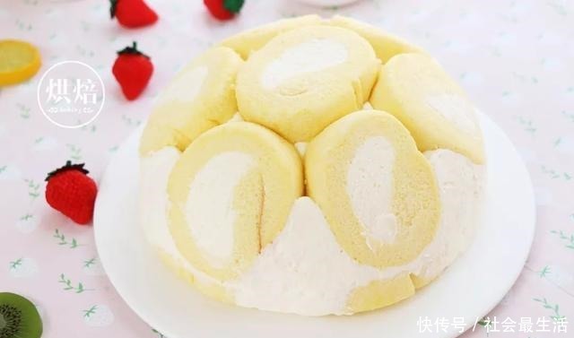 蛋糕|随便个盆就能做 用蛋糕卷拼的半球型奶油生日蛋糕 有创意