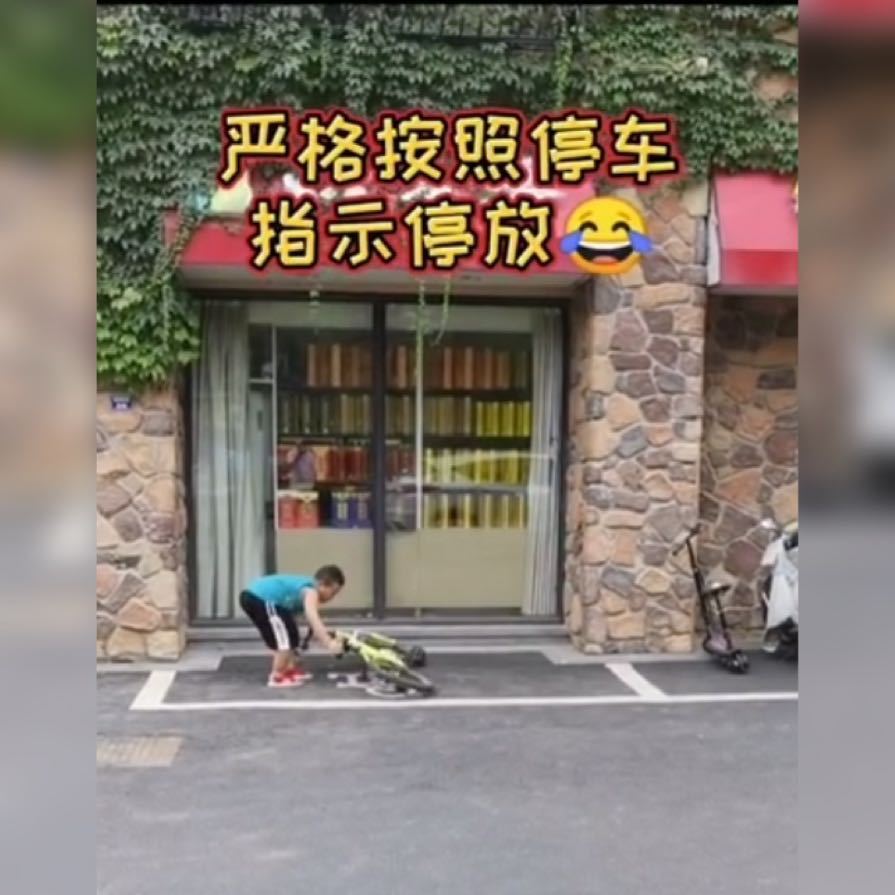 让孩子|小男孩停放自行车因遵守“交通规则”火了，网友：真是按地标来了